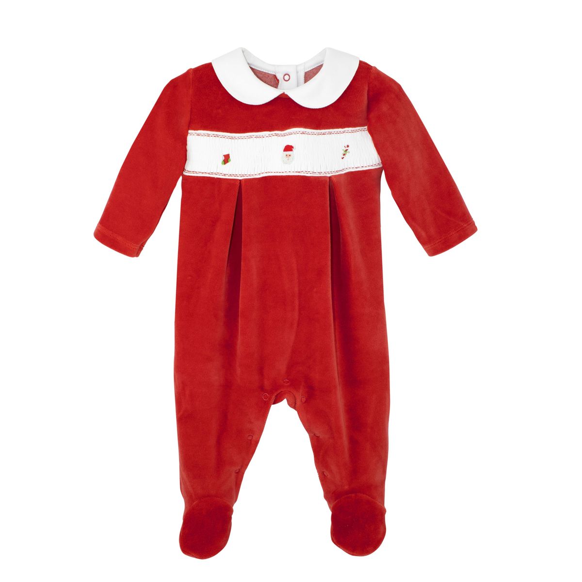 A baby's long-sleeve footed sleeper in red velvet with a white Peter Pan collar and a white horizontal chest band decorated with small embroidered holiday motifs, shown on a plain white background.