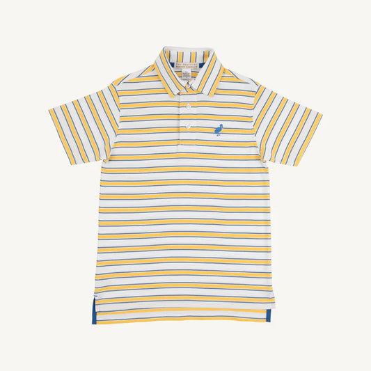 Yellow and blue and white striped polo shirt on a white background