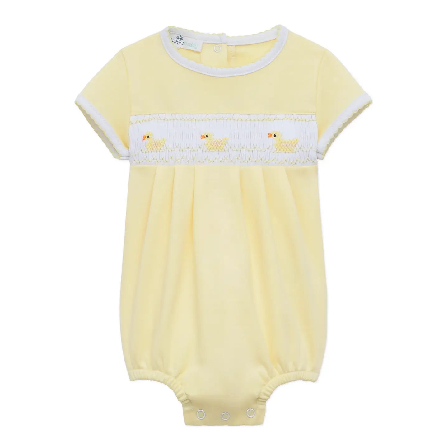 Yellow baby smocked bubble with a duck design with white piping on collar and sleeves