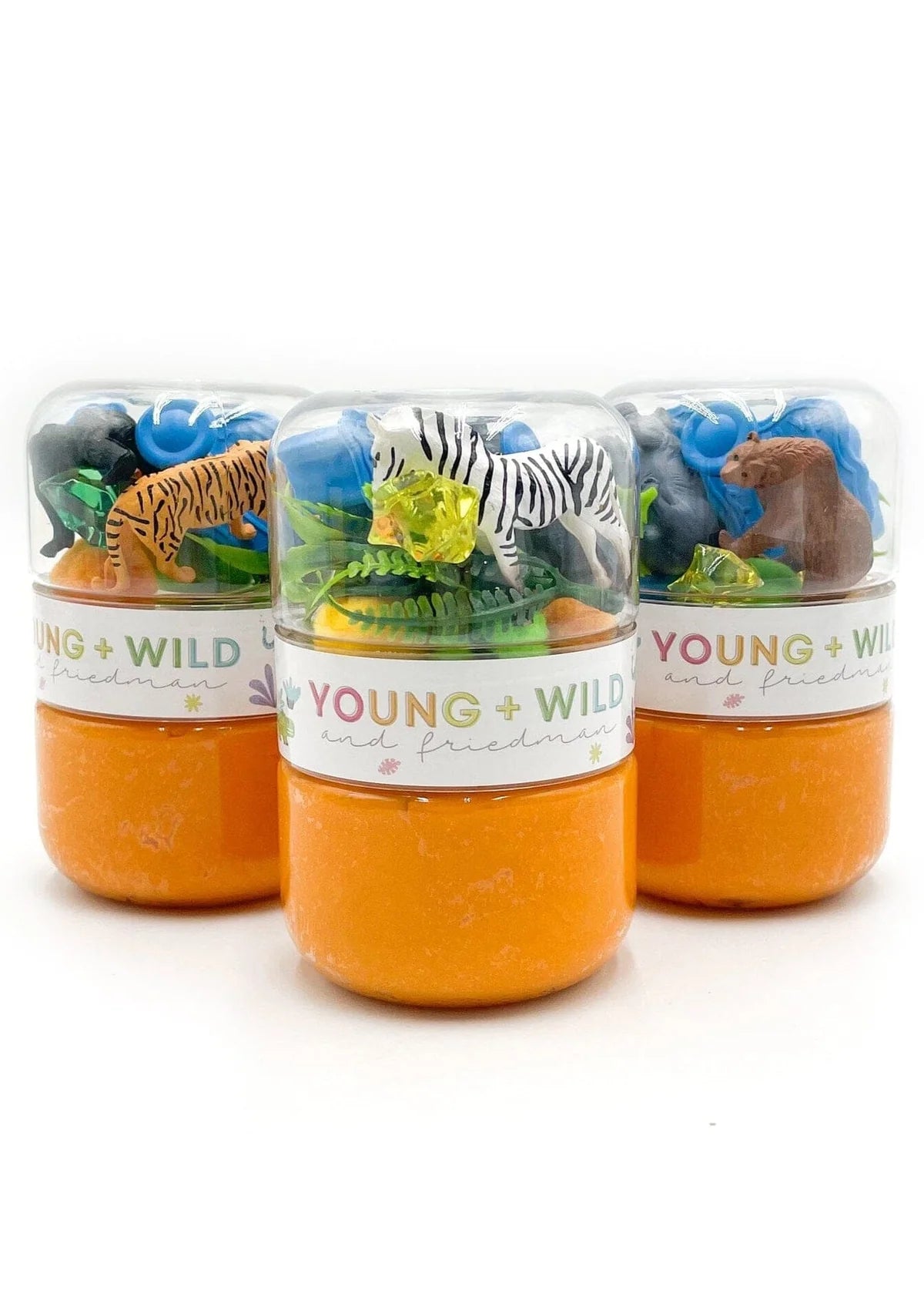 The Zoo Grab & Go Dough Jars come with one jar of our amazing all-natural sensory dough and a separate screw-on jar filled with everything you need to make the cutest scene!